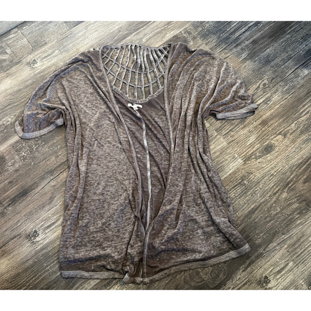 Maurices Gray Acid Wash Short Sleeve Open Front Cardigan Cage Back Lattice L